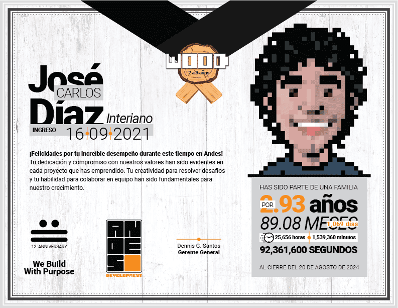 Diploma del Premio Wood entregado a José Carlos Díaz Interiano por sus 2 a 3 años de dedicación en Andes Development. Presenta su avatar personalizado en estilo pixel art celebrando el 12º aniversario de la empresa tecnológica.