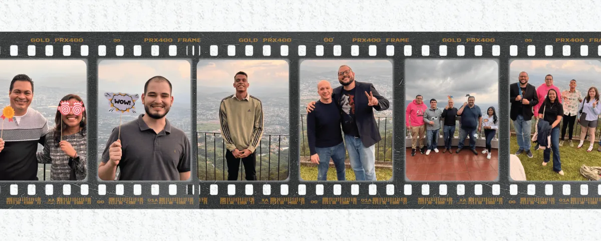 Photo collage designed as an analog filmstrip showing multiple celebration moments from the Andes Development team during its 12th anniversary. Different team members pose smiling with fun props outdoors, reflecting the camaraderie and corporate culture of the technology agency.