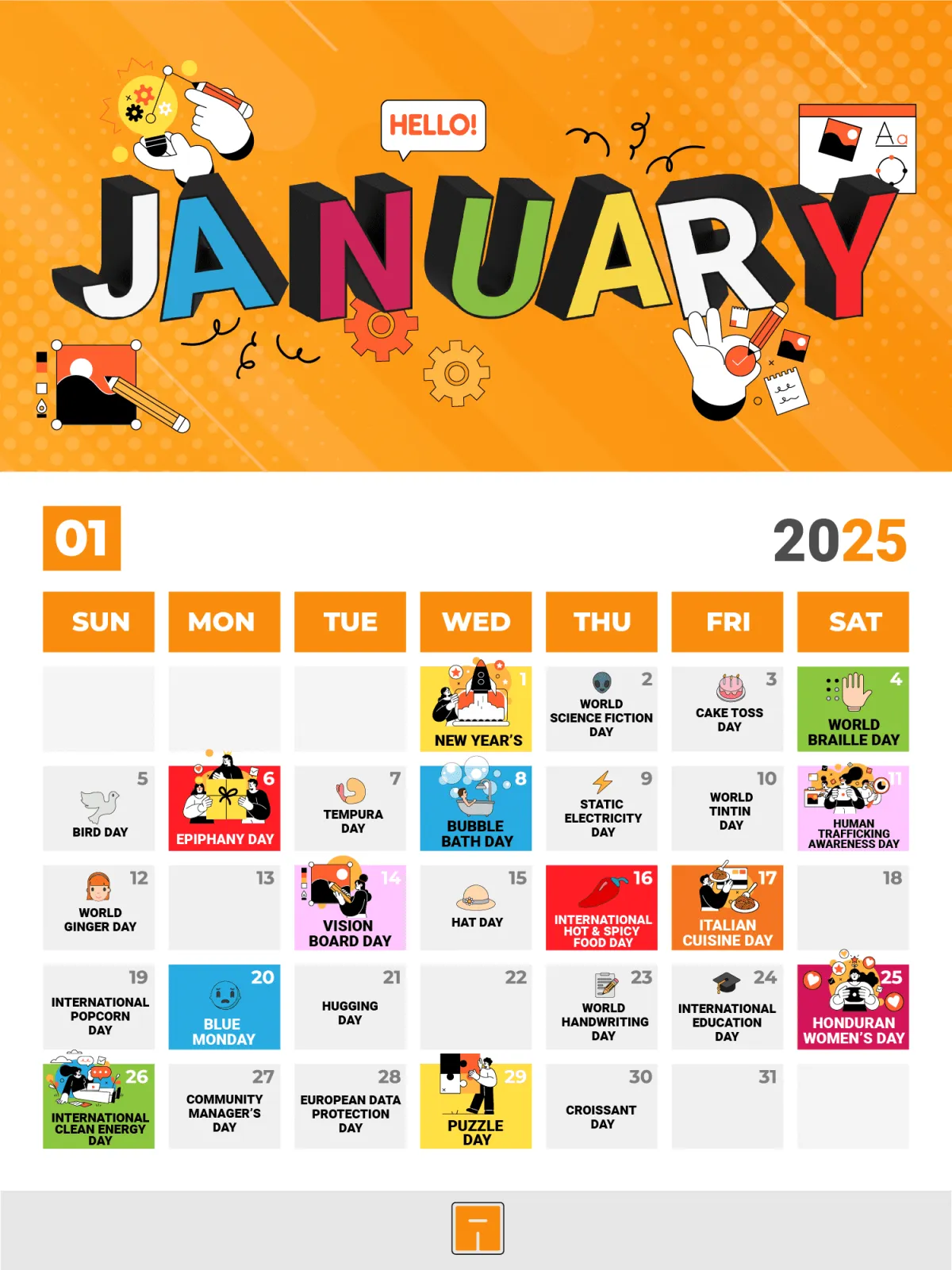 Graphic design of a January 2025 social media marketing calendar. It features a colorful grid in orange, blue, and pink tones with illustrated icons and text detailing holidays and themed days for each day of the month. Large 3D "JANUARY" headline. Includes key content ideas such as New Year's, World Science Fiction Day, Blue Monday, Community Manager Appreciation Day, and Honduran Women's Day. A visual tool for planning digital content strategies. The LINK logo appears at the bottom.