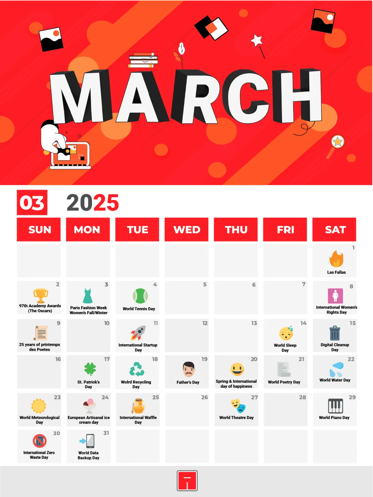 Graphic design of a March 2025 marketing calendar in vibrant red and white. The word MARCH stands out in 3D at the top next to digital illustrations. The month's grid details key marketing campaign dates with representative icons, highlighting events such as the Oscars, International Women's Day, St. Patrick's Day, World Water Day, and Global Recycling Day.