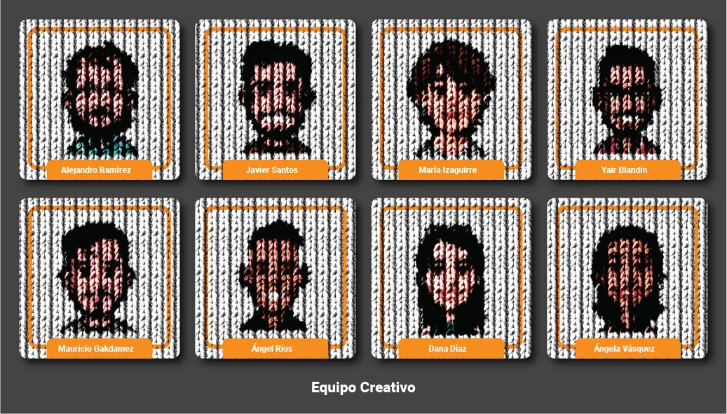 Stylized color pixel-art group portrait of eight members of the Andes Development Creative Team. Names from left to right, top row: Alejandro Ramírez, Javier Santos, María Izaguirre, Yair Blandin; bottom row: Mauricio Galdamez (corrected from Gakdamez in the image), Ángel Ríos, Dana Díaz (highlighted with an orange border), Ángela Vásquez. It represents the boundless creativity behind design, music, animation, and digital marketing serving Austin and Central America, shared in the Thanksgiving 2024 article.