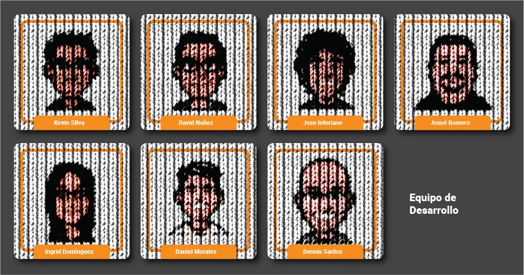 Stylized color pixel-art group portrait of seven members of the Andes Development Development Team. Names from left to right, top row: Kevin Silva, David Nuñez, Jose Interiano, Josué Romero; bottom row: Ingrid Dominguez, Daniel Morales, Dennis Santos (highlighted with an orange border). It represents the elite technical talent behind custom software development serving Austin, Texas, and Central America, shared in the Thanksgiving 2024 article.