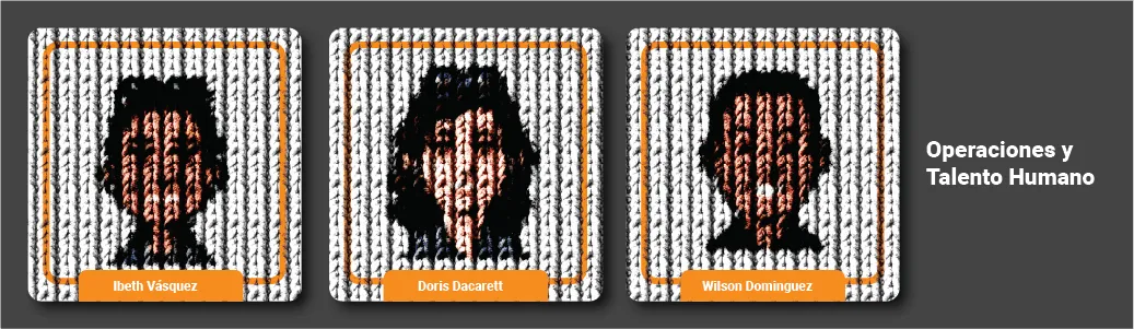 Stylized color pixel-art portrait of three members of the Andes Development Operations and Human Talent team. Names from left to right: Ibeth Vásquez, Doris Dacarett (highlighted with an orange border), and Wilson Dominguez. It represents the strategic human resources support for the Austin, Honduras, and El Salvador markets, shared in the Thanksgiving 2024 gratitude article.