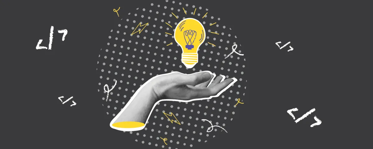 Conceptual illustration of a hand holding a lit lightbulb surrounded by source code symbols '</>'. It represents the creation of innovative technology ideas and custom software solutions developed by Andes Development to boost business efficiency.
