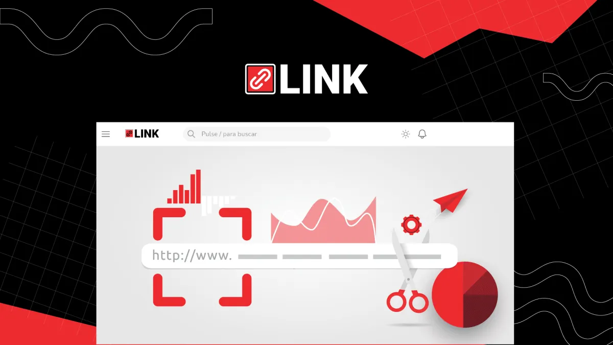 Technical conceptual illustration showing the "behind the scenes" of the LINK platform's digital ecosystem. At the center, a long URL (http://www.) is cut with scissors and dynamically transformed into a trackable QR code with a performance bar chart. The graphic is complemented by wave and pie chart analytics, a paper airplane, and a screenshot of the LINK interface showing "Hits" metrics and analytics details, all on a dark background with red geometric patterns. This graphic illustrates the transformation of links into dynamic, branded, trackable QRs for marketing campaigns.