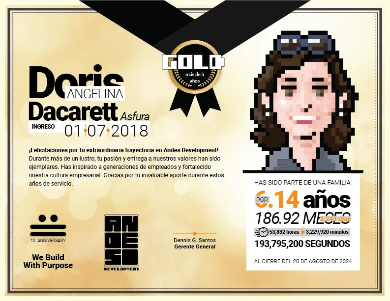 Gold Award diploma presented to Doris Angelina Dacarett for her more than 6 years of valuable service and dedication at Andes Development. It features her portrait in pixel art style celebrating the agency's 12th anniversary under the motto 'We Build With Purpose.'