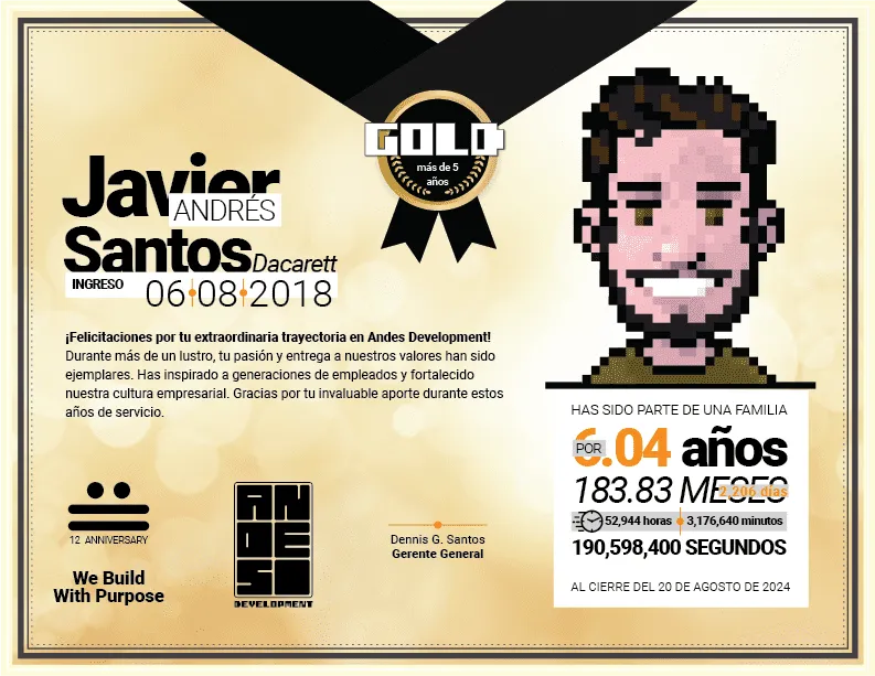 Gold Award diploma presented to Javier Andrés Santos for his more than 6 years of extraordinary work and creative contribution at Andes Development. It shows his pixel art avatar and the corporate 12th anniversary badge.