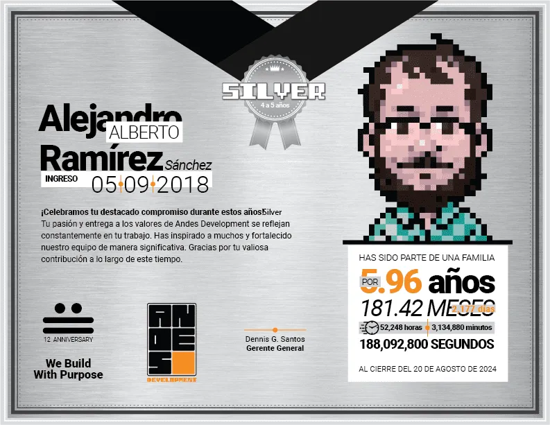 Silver Award diploma presented to Alejandro Alberto Ramírez Sánchez for his 4 to 5 years of creative work at Andes Development. The design includes his pixel art avatar and celebrates the agency's 12th anniversary under the motto 'We Build With Purpose.'
