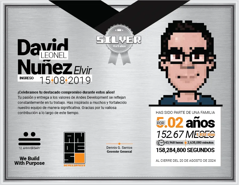 Silver Award diploma presented to David Leonel Nuñez Elvir for his 4 to 5 years of technical dedication at Andes Development. It features his custom pixel art avatar celebrating the technology company's 12th anniversary.