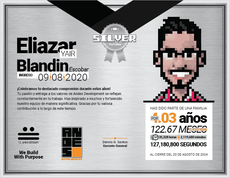 Silver Award diploma presented to Eliazar Yair Blandin Escobar for his 4 to 5 years of excellent creative performance at Andes Development. It includes his pixel art avatar and commemorates the agency's 12-year journey.