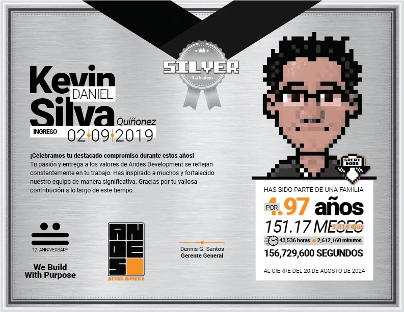 Silver Award diploma presented to Kevin Daniel Silva Quiñonez (identified with the 'Great Boss' pin) recognizing his 4 to 5 years of leadership in the Andes development area. It shows his pixel art portrait and the corporate 12th anniversary badge.