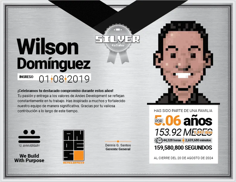 Silver Award diploma presented to Wilson Domínguez for his commitment and 4 to 5 years of service at Andes Development. It includes his illustrated pixel art portrait and the commemorative 12th anniversary seal.