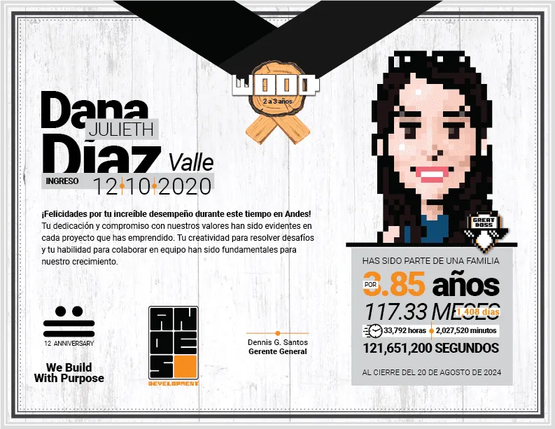 Wood Award diploma presented to Dana Julieth Díaz Valle (identified with the 'Great Boss' pin) for her 2 to 3 years of leadership at Andes Development. It features her pixel art avatar framed by the 12th anniversary celebration.