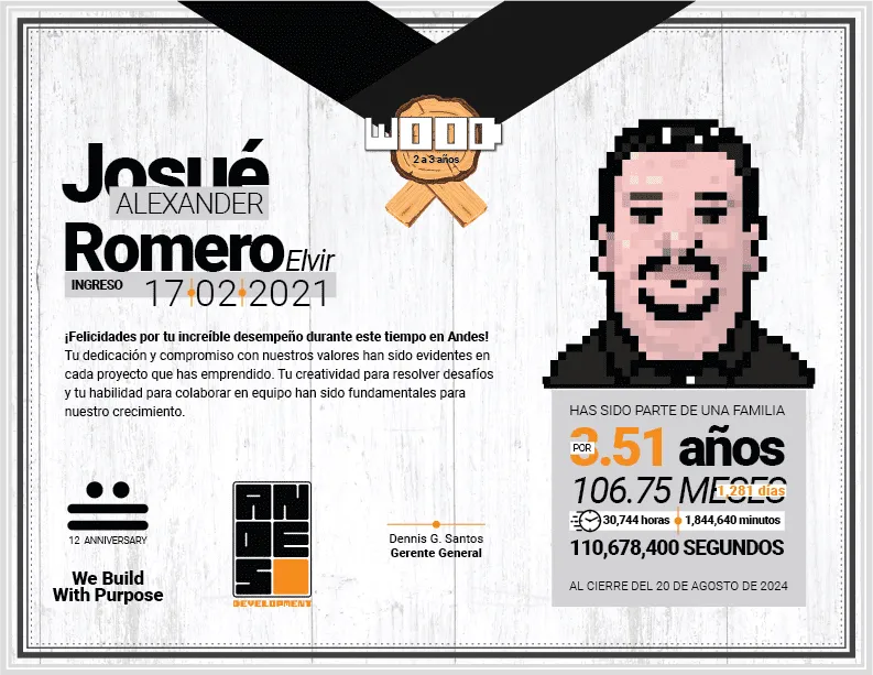 Wood Award diploma presented to Josué Alexander Romero Elvir for his 2 to 3 years of excellent performance at Andes Development. It includes his pixel art avatar and commemorates the agency's 12-year journey.