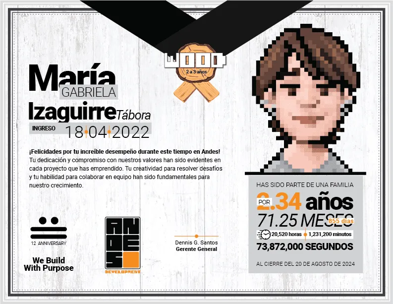 Wood Award diploma presented to María Gabriela Izaguirre Tábora for her 2 to 3 years of creative work at Andes Development. The design includes her pixel art avatar and celebrates the agency's 12th anniversary under the motto 'We Build With Purpose.'