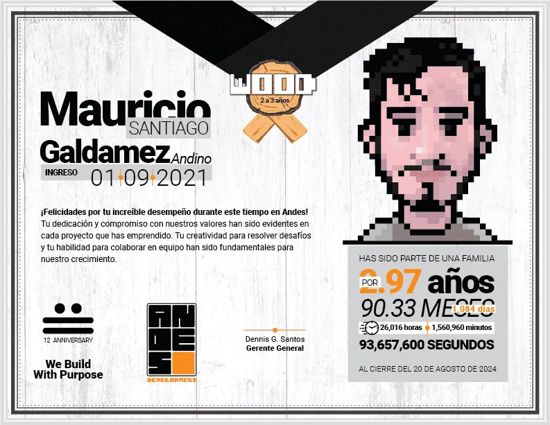 Wood Award diploma presented to Mauricio Santiago Galdamez Andino, recognizing his 2 to 3 years of innovation at Andes Development. It shows his pixel art portrait and the corporate 12th anniversary badge.