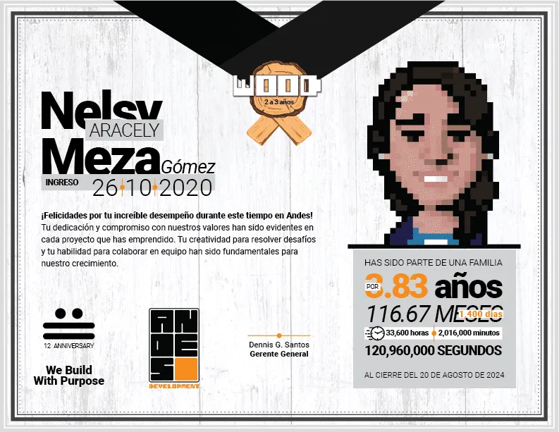 Wood Award diploma presented to Nelsy Aracely Meza Gómez, recognizing her 2 to 3 years of work at Andes Development. It highlights her pixel art portrait and the corporate thank-you message signed by management.