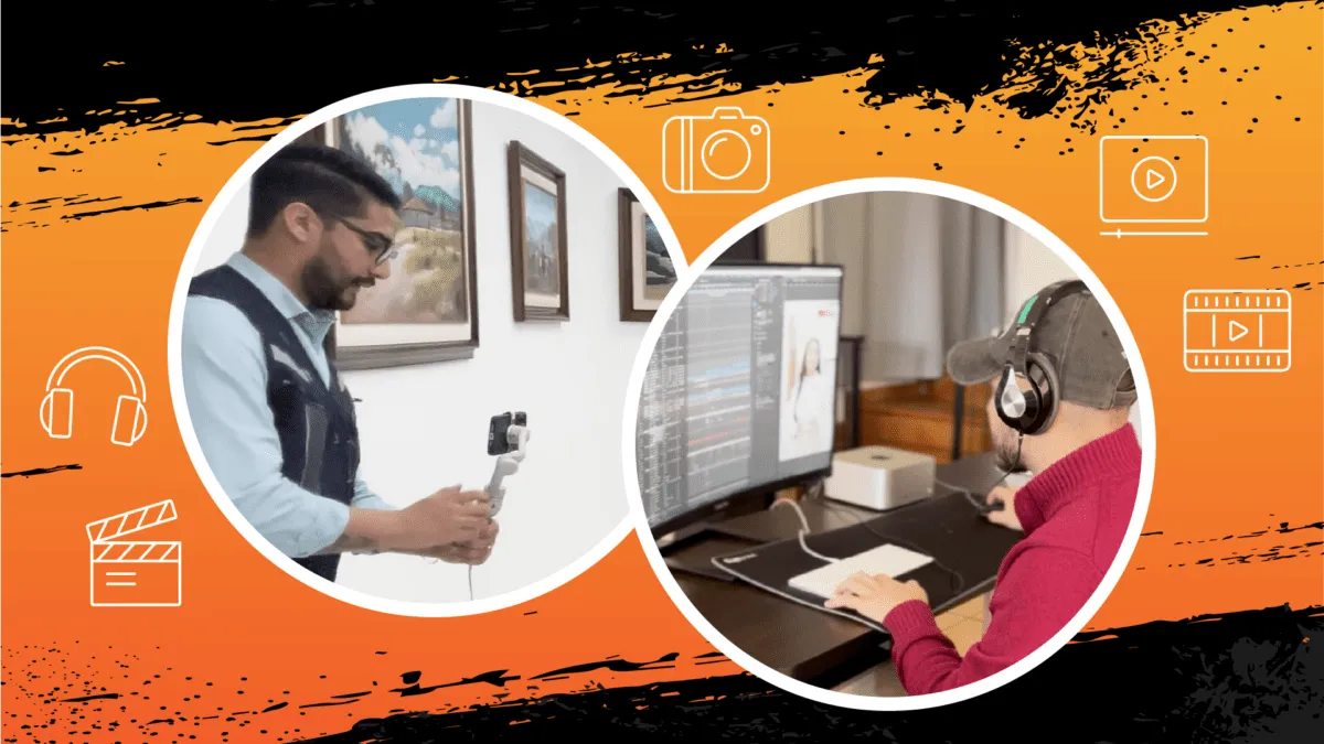 Behind the scenes of social media video production at Andes. On the left, a videographer captures smooth shots using an iPhone Pro and a mobile stabilizer (gimbal). On the right, a professional editor works on video post-production. It illustrates the agile, professional workflow for creating high-impact digital content.