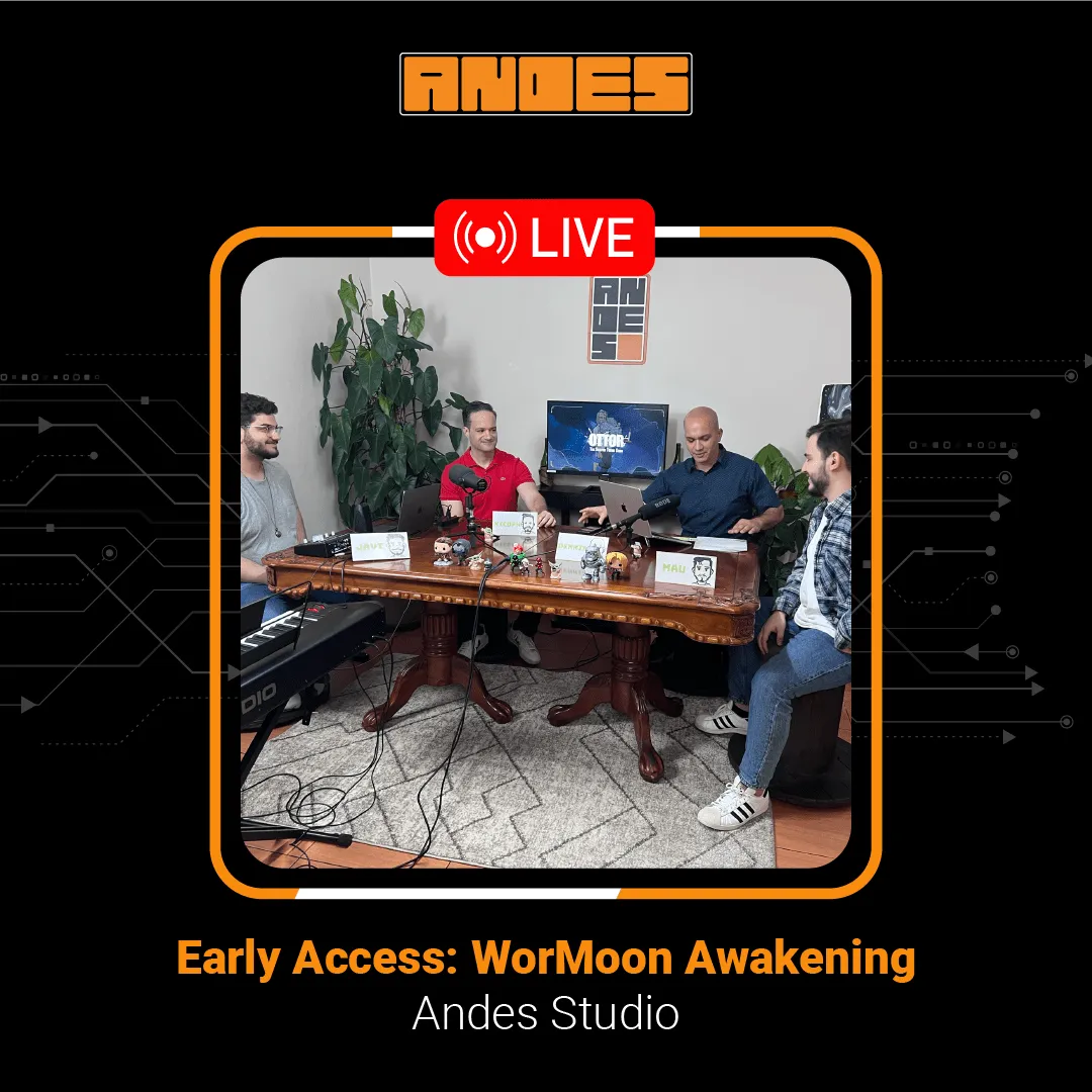 Live production from Andes Studio for the 'Early Access: WorMoon Awakening' event, showing team members (including Javier Santos and Dennis Santos) in a podcasting and streaming setup with professional microphones, monitors, and musical keyboards. It demonstrates the agency's technical infrastructure for interactive broadcasts and digital product launches.