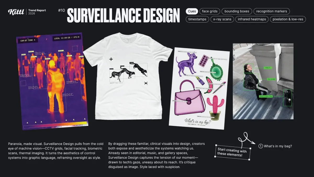 Infographic of trend #10, 'Surveillance Design,' for 2026. It shows examples of the control aesthetic, such as thermal camera shots with person detection, t-shirts with jaguar logos and bounding boxes, and detailed illustrations of bags with component labels ('What's in my bag?').