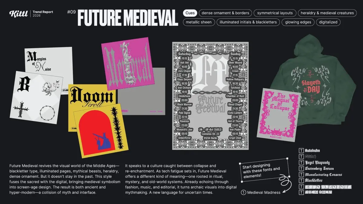 Infographic of trend #9, 'Medieval Future,' for 2026. It shows several design examples combining gothic and futuristic aesthetics with blackletter typography, heraldry, and ornaments in logos such as 'Margins of Noise' and 'Doom Scroll,' 'FF Future Festival' invitations, and 'Slayeth Day' hoodies.