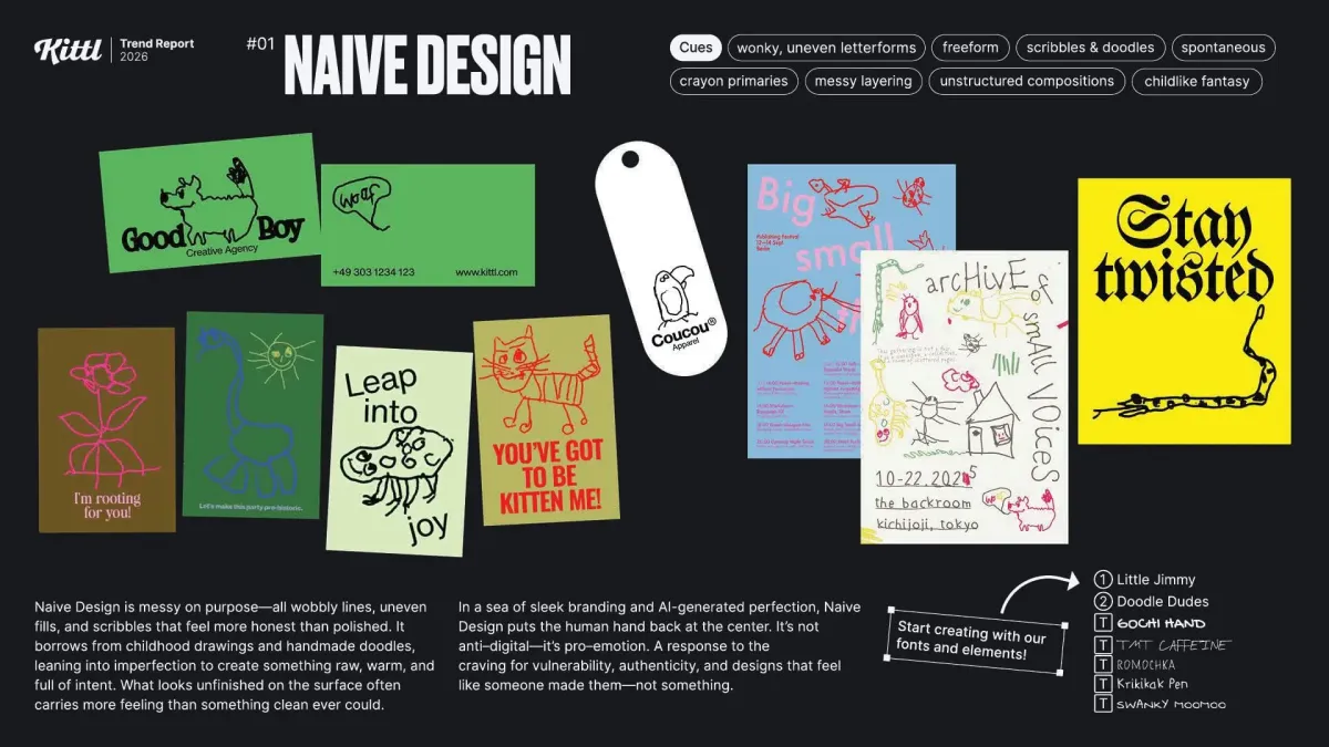Infographic of trend #1, 'Naive Design,' for 2026. It shows multiple design examples with childlike illustrations and irregular lines on business cards, t-shirts, labels, and brochures, such as 'Good Boy Creative Agency' and 'You've Got To Be Kitten Me!'.