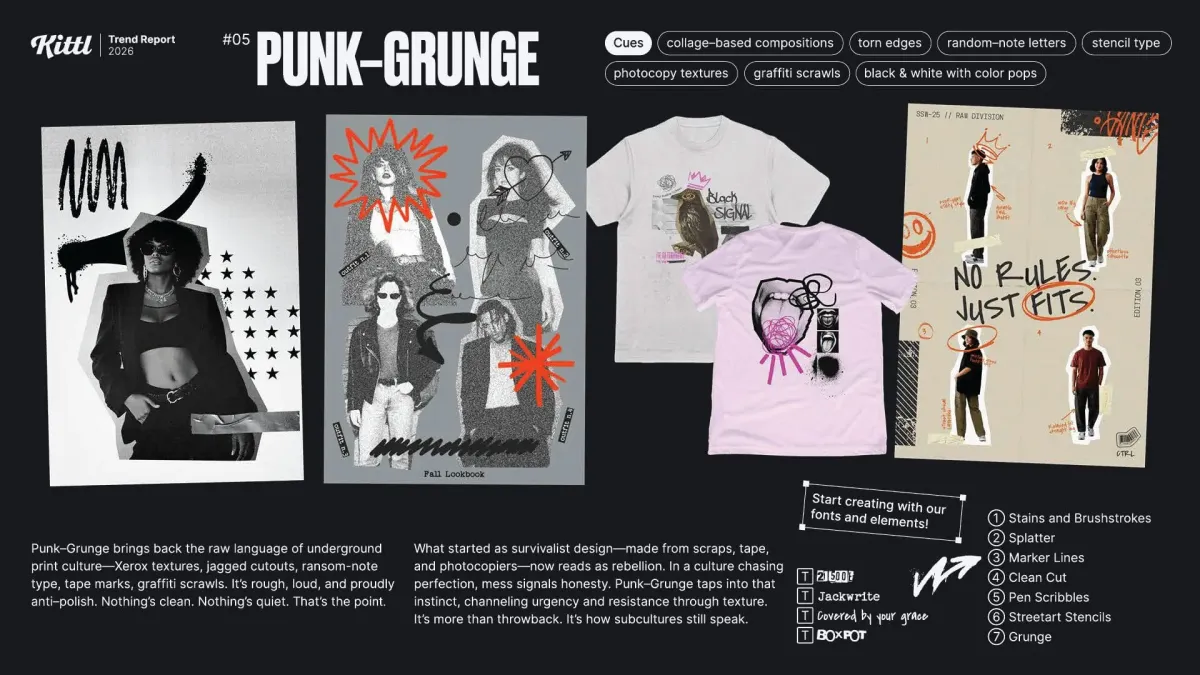 Infographic of trend #5, 'Punk-Grunge,' for 2026. It shows examples of grainy, collage-style design with Xerox textures, distorted typography, and scribbles on black-and-white posters and 'Fall Lookbook' and 'No Rules Just Fits' t-shirts.