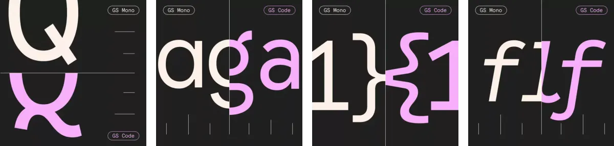 Technical graphic comparing the proportions of letters and symbols in the GS Mono and GS Code variants of Google Sans. It illustrates the granular control over character width and weight that developers get with this structured type family.
