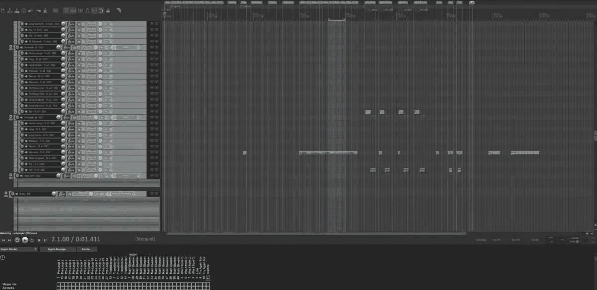 Proyecto de composici贸n musical en un software de audio (DAW) mostrando m煤ltiples pistas e instrumentos de viento para la banda sonora interactiva del juego promocional, organizada estrat茅gicamente mediante regiones de loop.