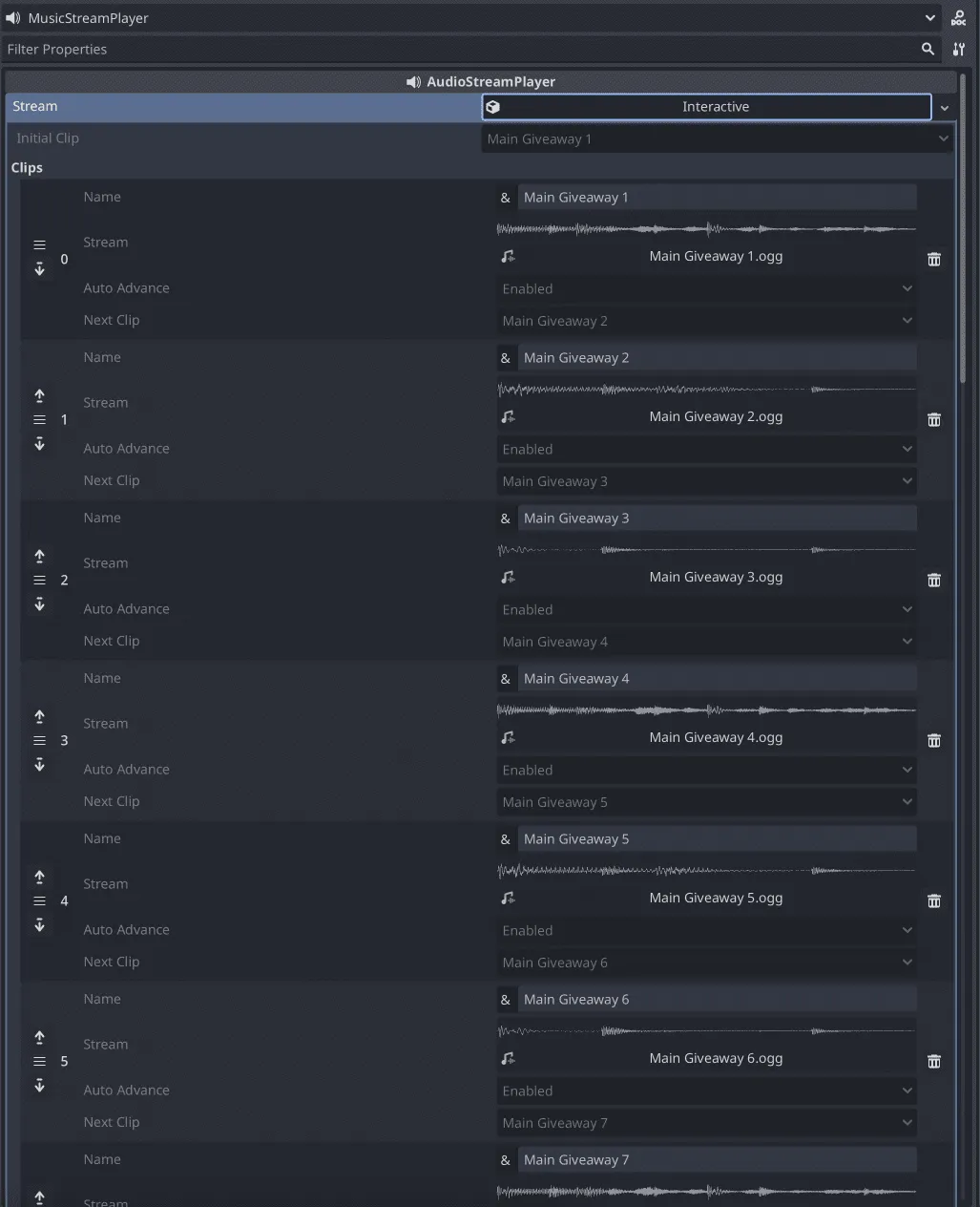 Panel del inspector en Godot Engine detallando la configuraci贸n nativa del AudioStreamPlayer con m煤ltiples clips interactivos secuenciales, dise帽ado para adaptar la m煤sica en tiempo real seg煤n las acciones del jugador.