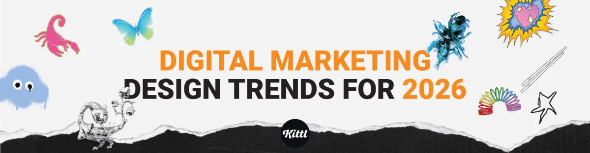 Imagen de cabecera del informe Kittl sobre tendencias de diseño de marketing digital para 2026. Muestra iconos ilustrativos variados como un escorpión de neón, mariposa, átomo, corazón, estrella y resorte, sobre un fondo blanco con un borde inferior rasgado.