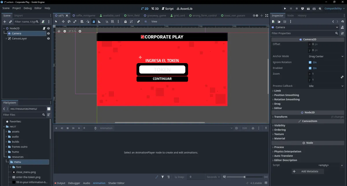 Desarrollo de la interfaz de usuario en Godot Engine para la plataforma Corporate Play, mostrando la pantalla principal en rojo y negro donde los participantes ingresan su token de activaci贸n para iniciar el juego.