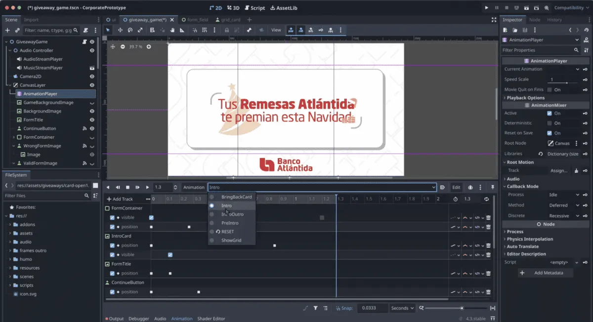 Interfaz del motor gr谩fico Godot Engine mostrando el desarrollo del juego interactivo para Banco Atl谩ntida, destacando el panel de animaci贸n y el dise帽o visual de la campa帽a de remesas navide帽as.