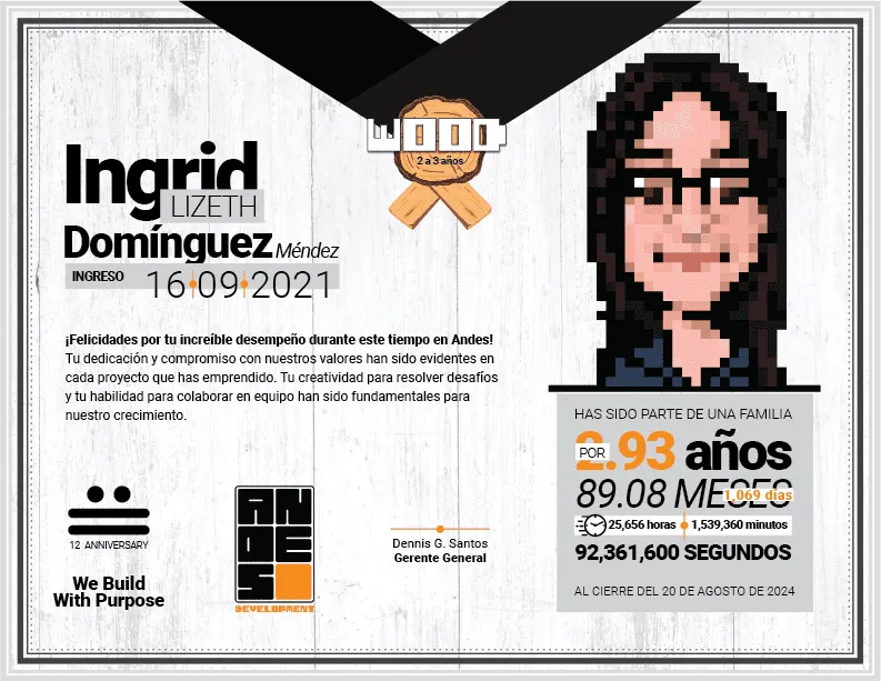 Diploma del Premio Wood otorgado a Ingrid Lizeth Domínguez Méndez por su compromiso y 2 a 3 años de trayectoria técnica en Andes Development. Incluye su retrato ilustrado en pixel art y el sello conmemorativo del 12º aniversario.
