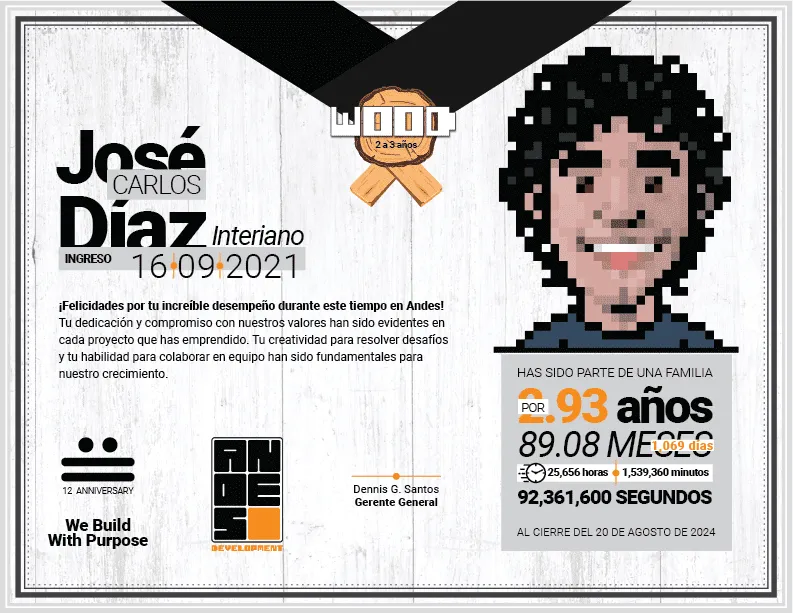 Diploma del Premio Wood entregado a José Carlos Díaz Interiano por sus 2 a 3 años de dedicación en Andes Development. Presenta su avatar personalizado en estilo pixel art celebrando el 12º aniversario de la empresa tecnológica.