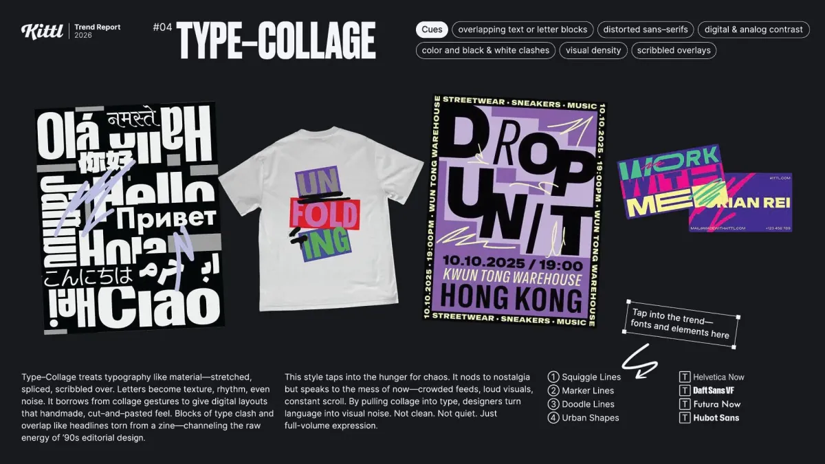 Infografía de la tendencia nº4, 'Collage Tipográfico' (Type-Collage), para 2026. Muestra ejemplos de mashups tipográficos densos en pósters con saludos traducidos y camisetas con bloques de palabras coloridas y apiladas como 'UN FOLD ING' y 'DROP UNIT'.